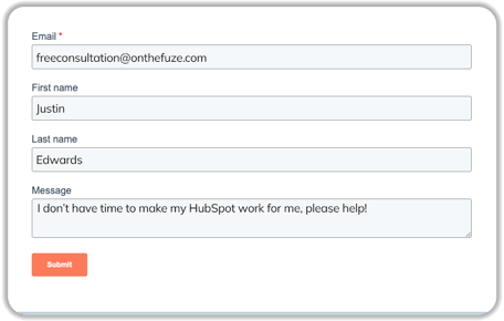 HubSpot contact form with fields for email, name, and message - example of lead generation form setup