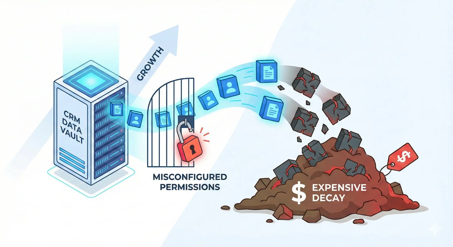 Illustration showing data flowing from a CRM Data Vault server through a gate with misconfigured permissions (broken red lock), turning from clean data into crumbling rocks labeled 'Expensive Decay.'
