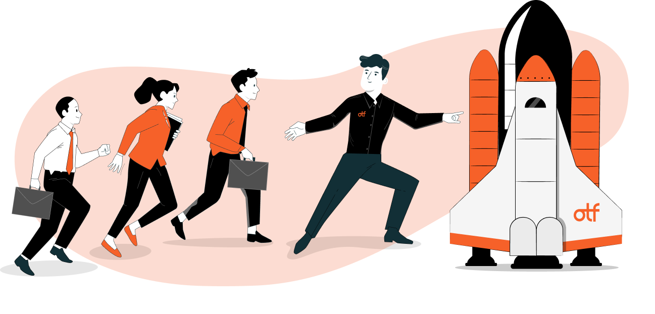 HubSpot expert guiding three business clients toward OTF-branded space shuttle, illustrating business growth and launch