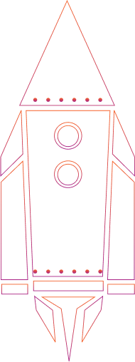 Simple line illustration of a rocket ship in coral pink outline with circular windows, fins, and decorative dots along the body, pointing upward