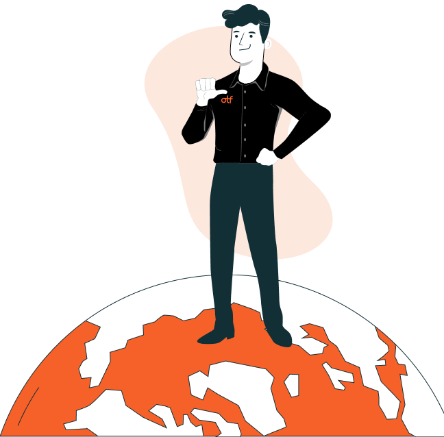 OTF HubSpot Expert standing confidently on globe illustration.