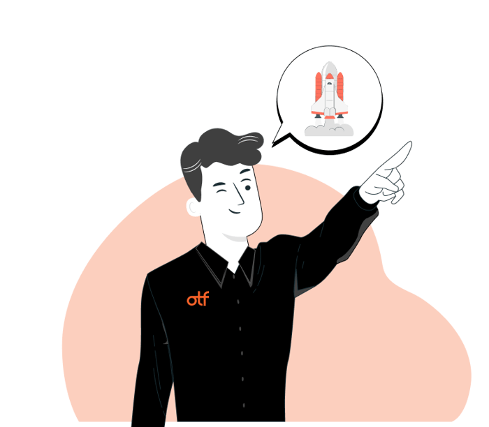 HubSpot expert consultant pointing upward with rocket launch icon in speech bubble, representing business growth and digital marketing success through HubSpot partner services
