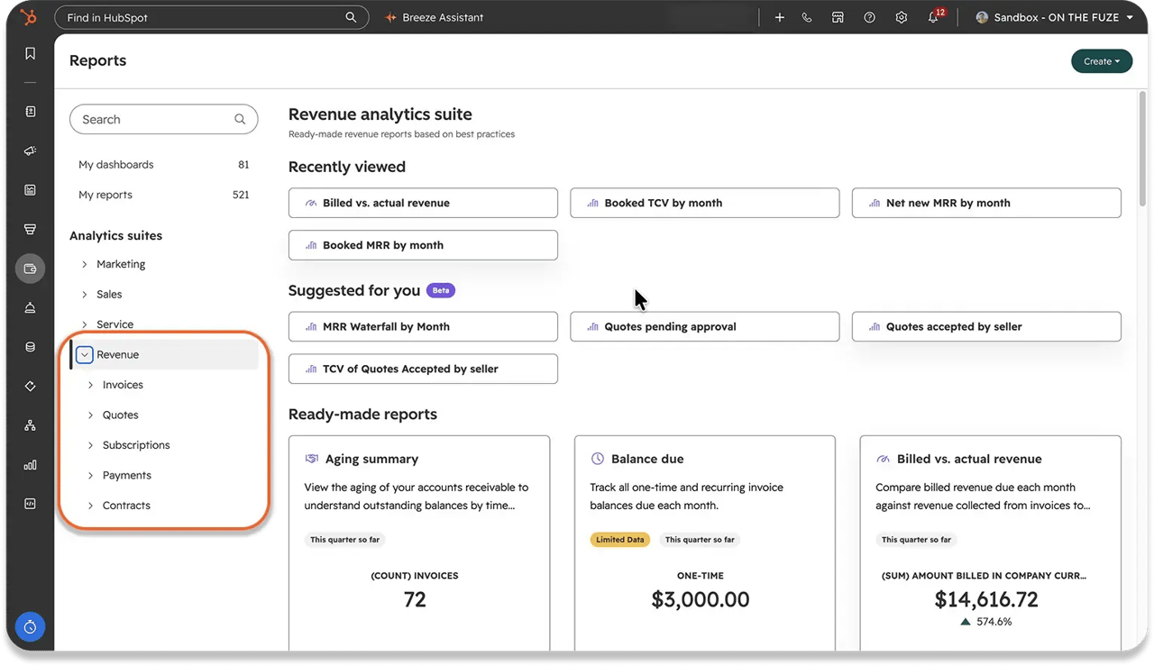 HubSpot Reports library showing the Revenue analytics suite, with recently viewed reports, suggested reports, and ready-made revenue reports for aging summary, balance due, and billed vs. actual revenue.
