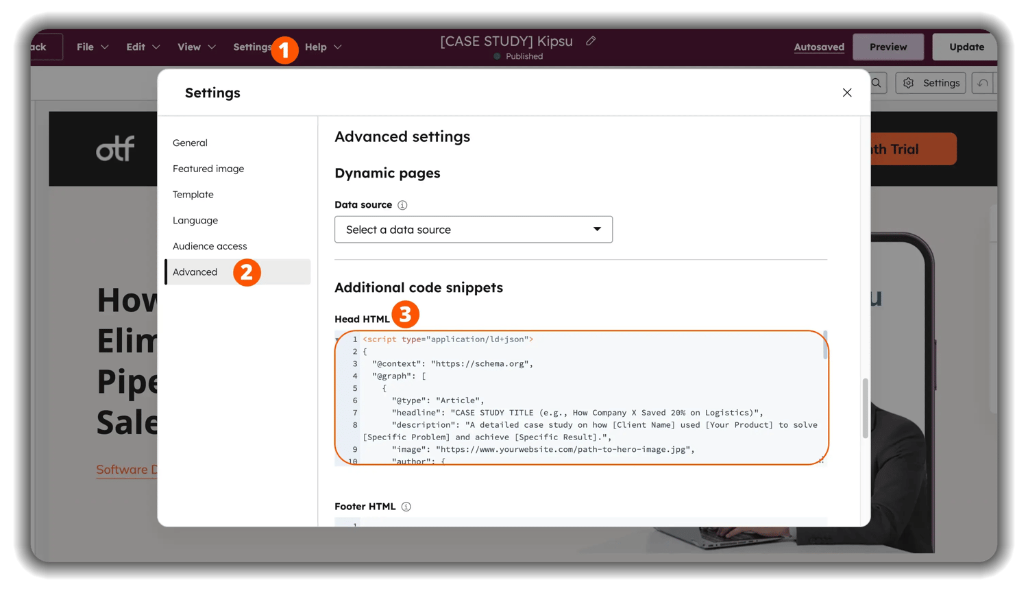 Settings panel showing Advanced settings with JSON-LD schema markup for a case study article. Code includes type, headline about eliminating pipeline in sales, description, and image URL fields.
