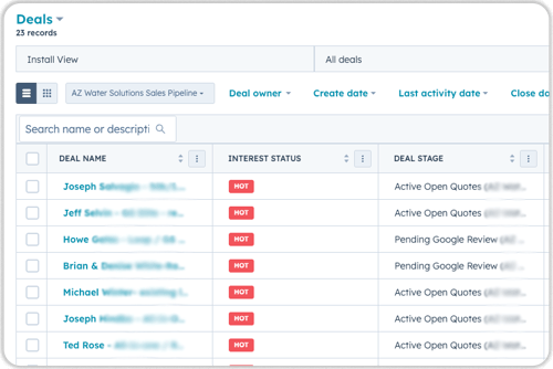 HubSpot deals pipeline view showing AZ Water Solutions sales pipeline with 25 records, deal names, hot interest status, and deal stages including Active Open Quotes and Pending Google Reviews
