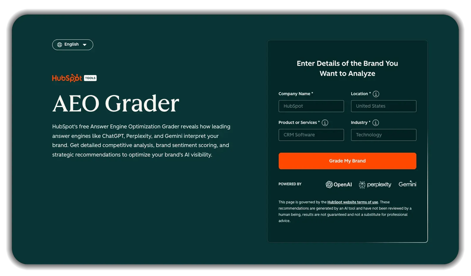 HubSpot AEO Grader tool with form fields for Company Name, Location, Product or Services, and Industry. Orange "Grade My Brand" button. Powered by OpenAI, Perplexity, and Gemini.
