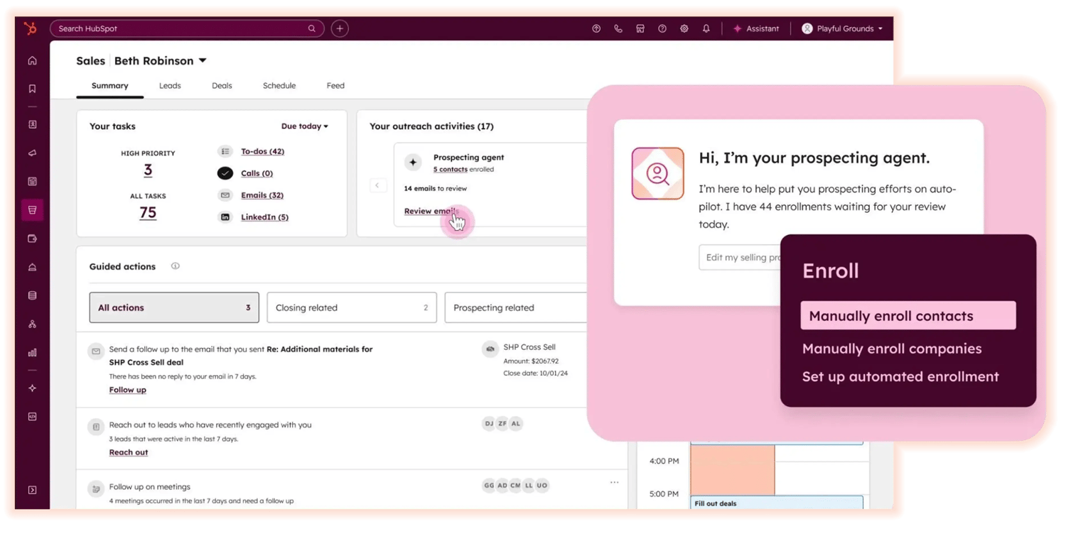 HubSpot Sales Hub dashboard showing a rep's task summary and an open Prospecting Agent panel with enrollment options.