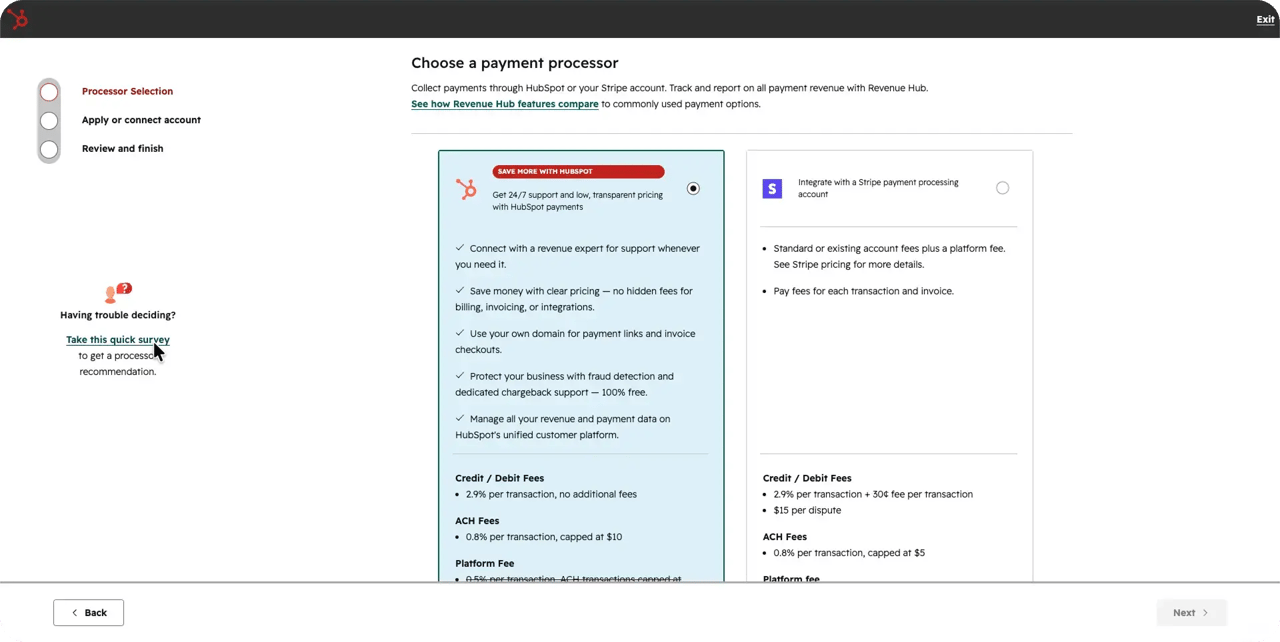 HubSpot payment processor selection screen comparing HubSpot Payments and Stripe, including transaction fees, ACH fees, platform fees, support, fraud protection, and revenue management features.