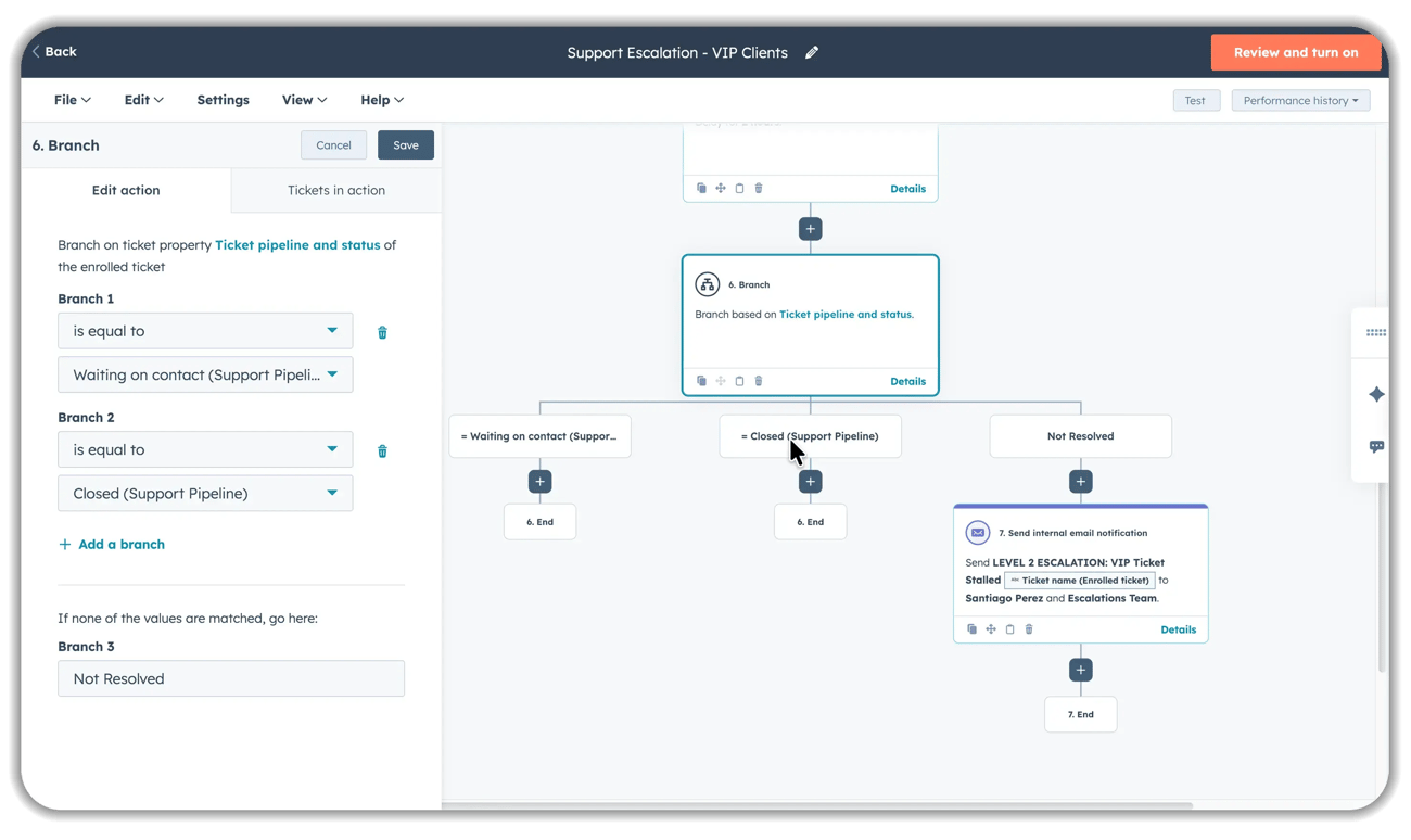 HubSpot workflow branch action showing three conditional paths based on ticket pipeline status: Branch 1 for 'Waiting on contact' tickets, Branch 2 for 'Closed' tickets, and Branch 3 for 'Not Resolved' tickets, with an email notification action configured for the unresolved path.