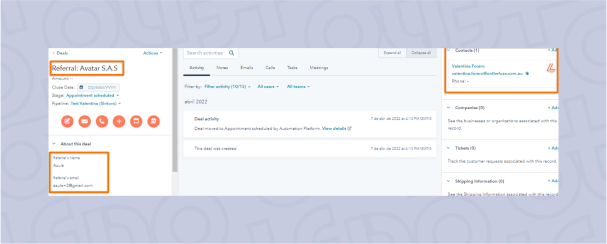 Created deal by automation in HubSpot with referral information