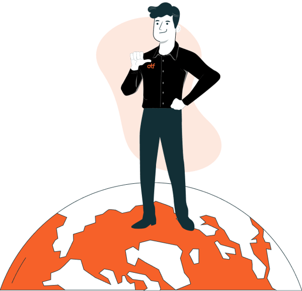 OTF HubSpot Expert standing confidently on globe illustration.