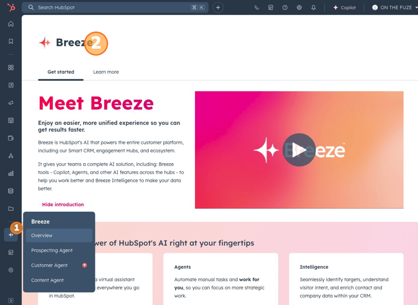 HubSpot Breeze AI interface with Prospecting, Customer, and Content Agents for optimized workflows.