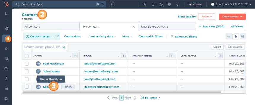 HubSpot contact view with steps: 1. Right sidebar, 2. 'Contacts' dropdown, 3. Click contact link to open profile