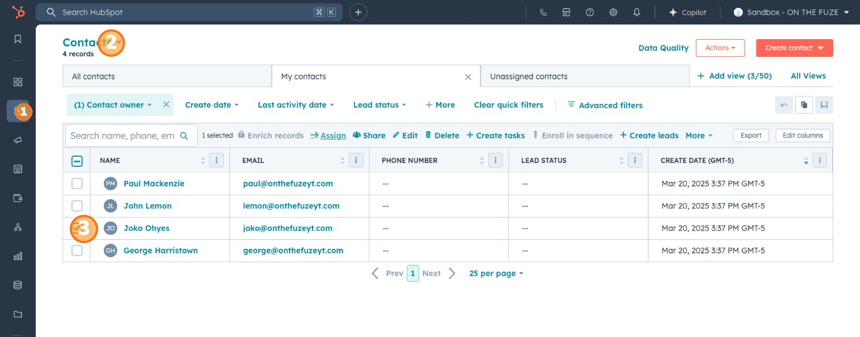 HubSpot CRM contact view showing numbered steps: 1 in the sidebar menu, 2 on the contacts dropdown, and 3 on a contact checkbox for selection.