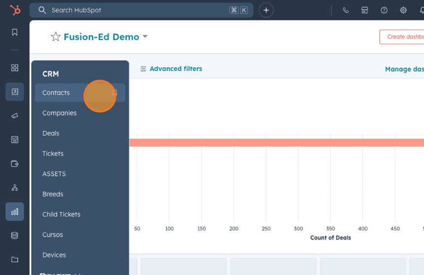 HubSpot dashboard with 'Contacts' highlighted in the CRM sidebar