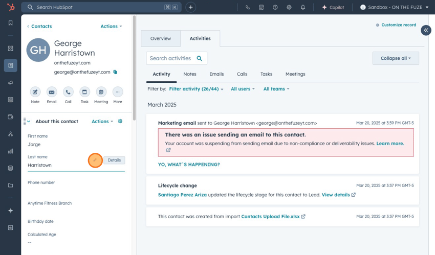 HubSpot contact view showing the 'First name' property highlighted in the contact's left sidebar profile