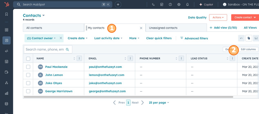 HubSpot Contacts page with 'My contacts' filter step one and 'Edit columns' step 2 visible, displaying contact records