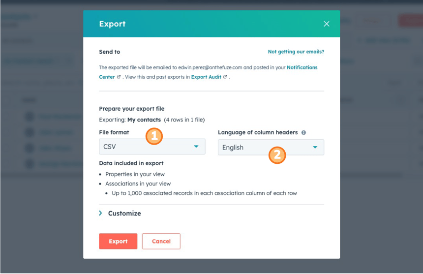 HubSpot export settings with 'CSV' file format step 1 and 'English' language for column headers step 2 selected for exporting contact data