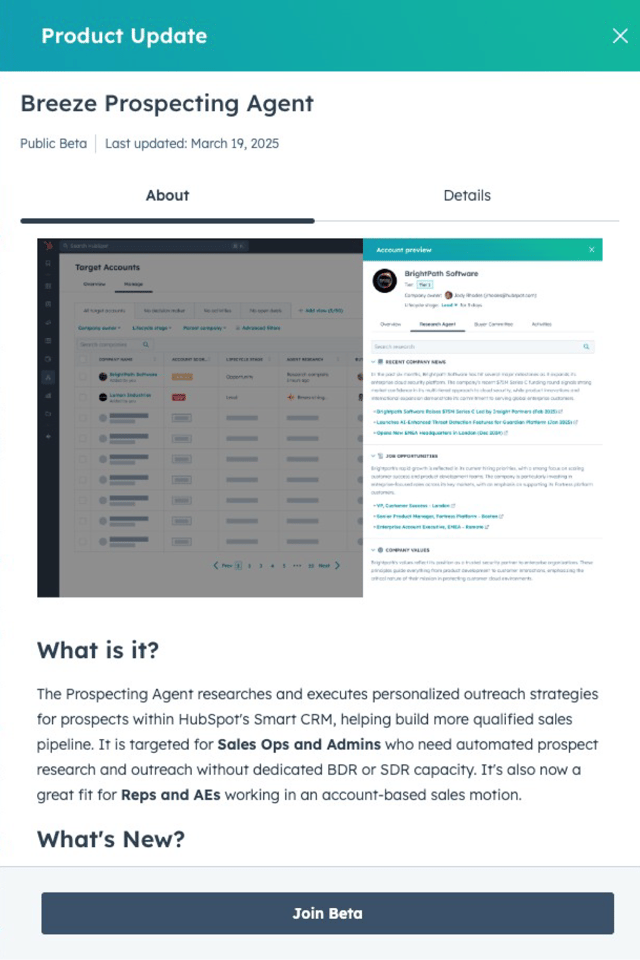 HubSpot Breeze Prospecting Agent update: Personalized outreach strategies for sales pipeline building, with detailed account insights