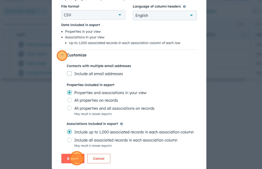 HubSpot export settings with step 1: clicking 'Customize' for additional options, and step 2: clicking Export to export the contact data.