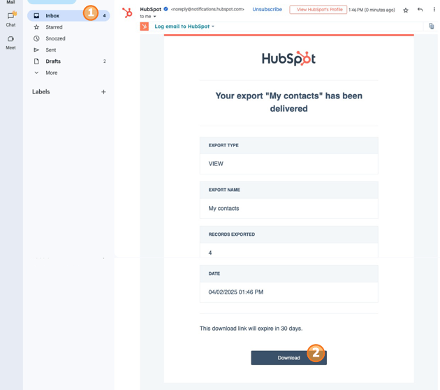 HubSpot export confirmation email showing the export details for 'My contacts'.