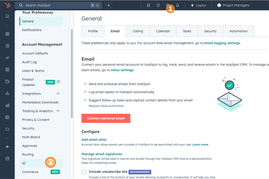 HubSpot settings page for email and log preferences, with AI integration options highlighted.