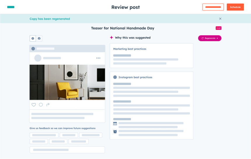 AI-generated Instagram post preview for National Handmade Day, suggesting marketing and Instagram best practices