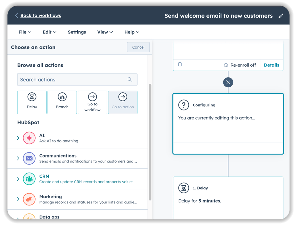 HubSpot workflow action selection interface showing available automation action options including AI, Communications, CRM, Marketing, and Data ops with delay action being configured for 5 minutes