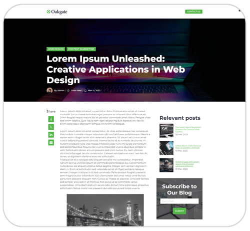 Oakgate blog post webpage featuring a dark hero image with colorful geometric shapes and the title; Lorem Ipsum Unleashed: Creative Applications in Web Design&quot; with WEB DESIGN and CONTENT MARKETING tags. Shows author Admin, 1 min read time, and March 15, 2023 date. Left sidebar has social sharing buttons. Main content area contains Lorem ipsum text and a black and white city skyline image. Right sidebar displays &quot;Relevant posts; section with three blog post previews and a Subscribe to Our Blog section with email signup form and green SUBMIT button.