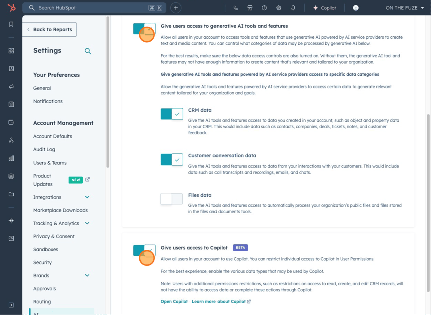 HubSpot AI settings showing options for accessing generative AI tools and features