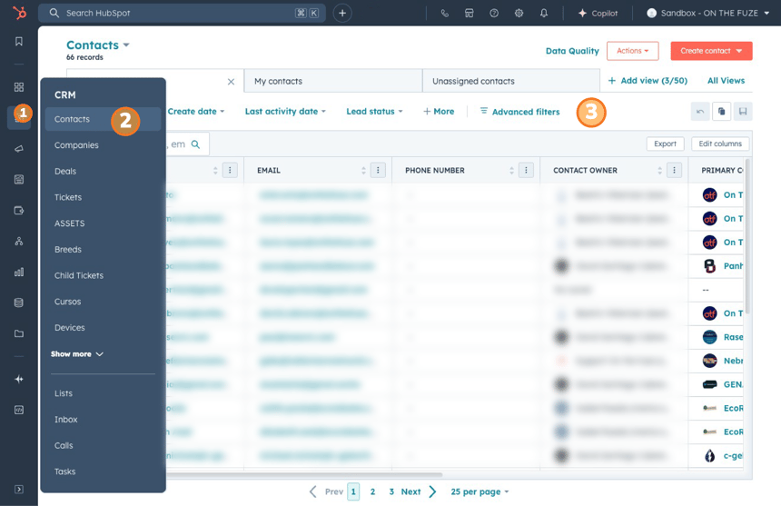 HubSpot contacts dashboard: 1. Click CRM menu, 2. Select 'Contacts', 3. Access advanced filters in the contacts list view