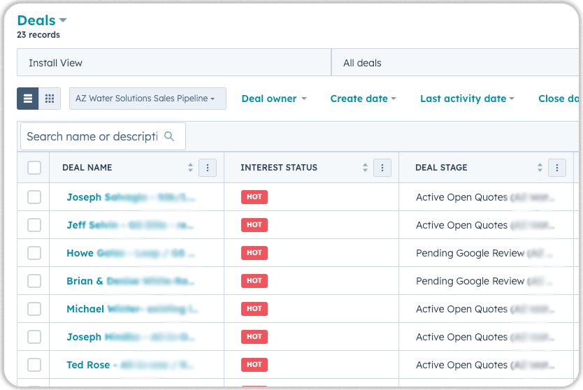 HubSpot deals pipeline view showing AZ Water Solutions sales pipeline with 25 records, deal names, hot interest status, and deal stages including Active Open Quotes and Pending Google Reviews