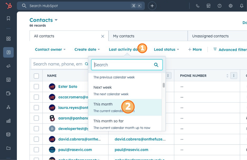 HubSpot Contacts page with the search bar (1) highlighted and filters for 'Last activity date' including options like 'This month' (2) to refine contact results.