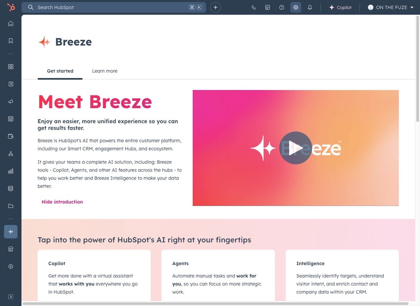 HubSpot Breeze AI interface with Copilot, Agents, and Intelligence features.