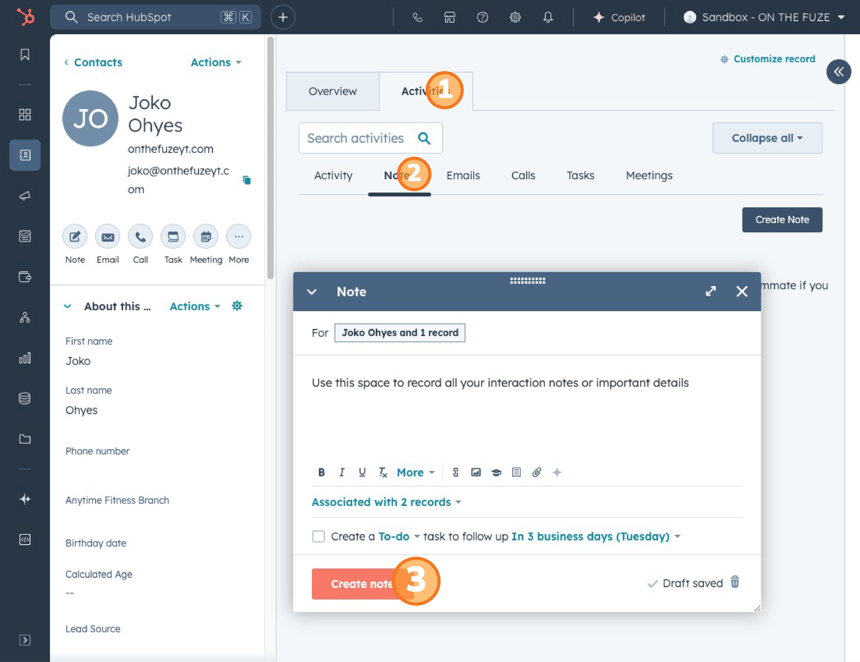 Step-by-step guide on how to submit a note in HubSpot's contact view. 1. Navigate to the Activities tab. 2. Select the Notes section. 3. Click the 'Create Note' button to add a new note to the contact