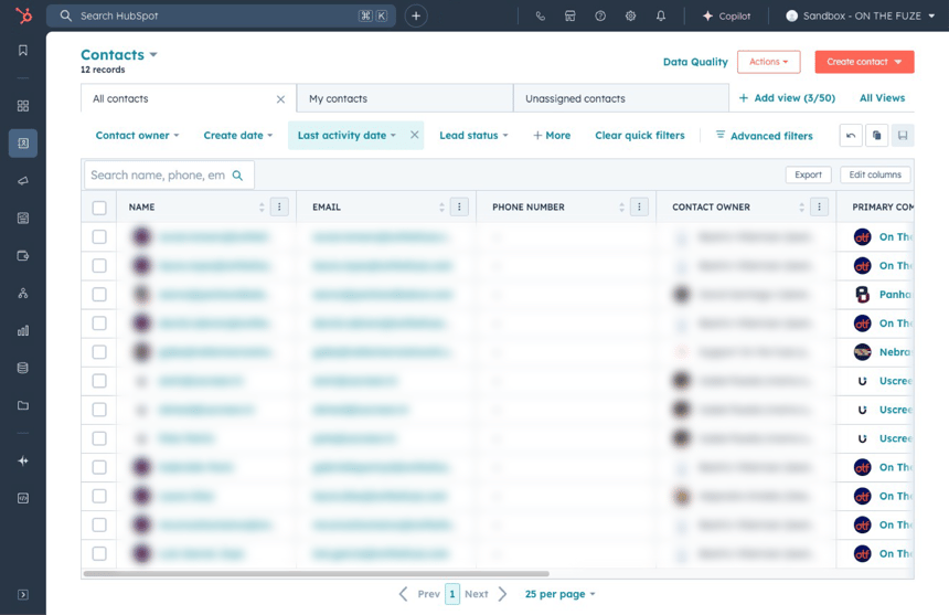 Hubspot CRM contacts main interface 