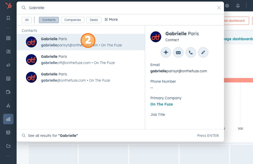 HubSpot search results for a contact name, highlighting the contact profile with email, phone number, primary company, and job title.