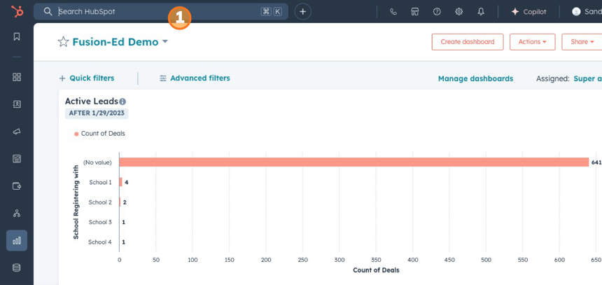 HubSpot dashboard with search bar highlighted with a number one