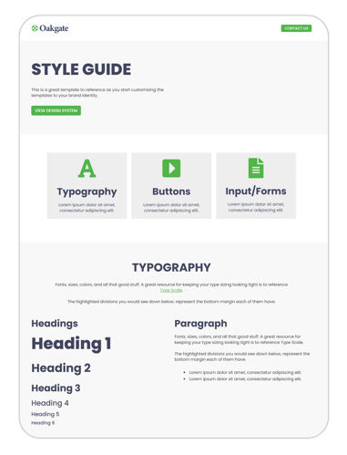 Oakgate Style Guide document featuring brand identity elements. Shows logo, &quot;STYLE GUIDE&quot; heading, and sections for Typography, Buttons, and Input/Forms with green icons. Bottom displays typography samples including six heading levels and paragraph text with bullet points.