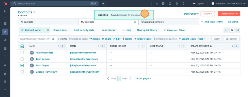 HubSpot CRM confirmation message indicating successful contact owner assignment after updating record ownership