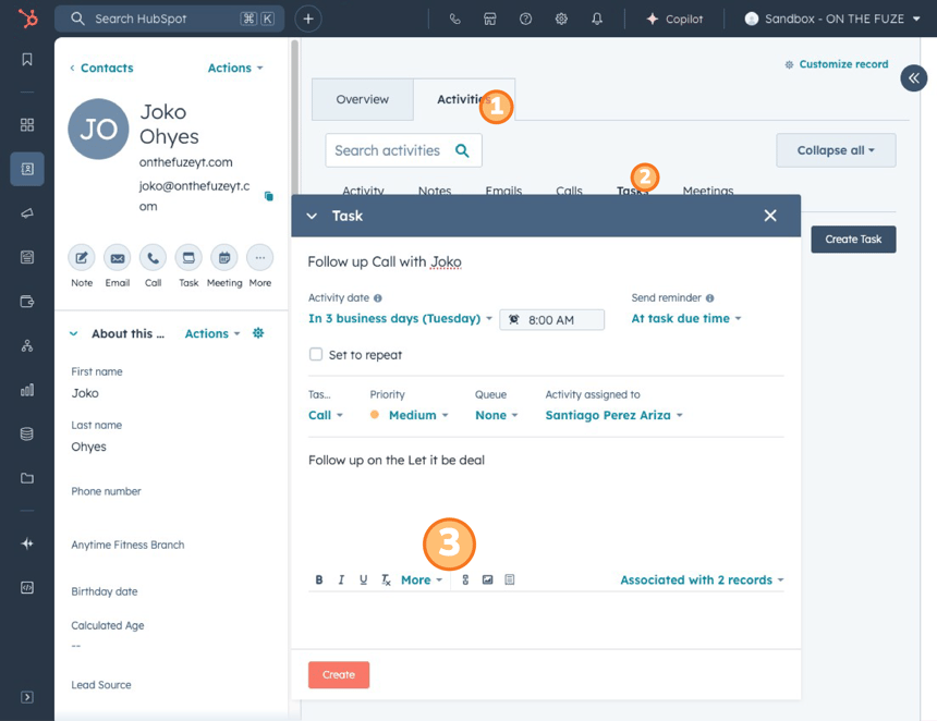 Step-by-step guide on how to create a task in HubSpot's contact view. 1. Go to the Activities tab. 2. Select the Tasks section. 3. Click the 'Create Task' button to add a new task to the contact.