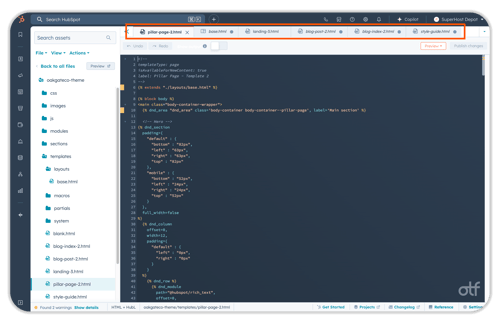 HubSpot code editor showing file directory on left with folders like oakgate-sco-theme, css, images, js, modules. Main panel displays HTML/HubL template code with dark syntax highlighting for pillar-page-1.html. Multiple tabs open at top. Code shows template structure with variables and loops.