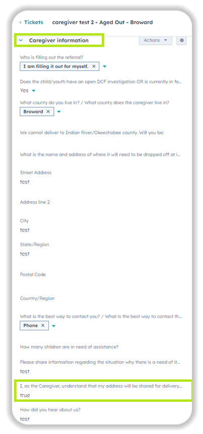 HubSpot ticket interface showing a caregiver referral form for caregiver test 2 - Aged Out - Broward The form contains multiple sections including caregiver information with dropdown selections, address fields (showing Test entries for street address, city, and state/region), contact preferences set to Phone; and questions about children needing assistance. Two sections are highlighted in green: Caregiver information at the top and a consent checkbox at the bottom stating I, as the Caregiver, understand that my address will be shared for delivery marked as True. The form includes various text fields, dropdowns, and a note about delivery limitations to Indian River/Okeechobee county.