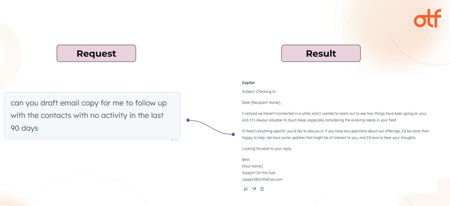 Breeze AI in HubSpot drafting an email to follow up with contacts who have had no activity in the last 90 days, showing the request and resulting email copy.