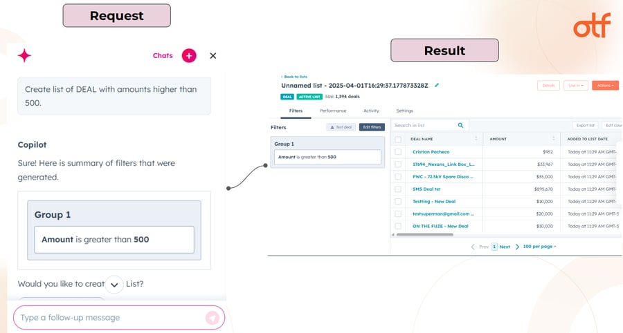 Breeze AI tool in HubSpot showing the process of creating a filtered list of deals with amounts greater than 500, with the result displayed in the system interface