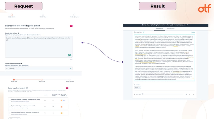 Breeze AI tool for podcast episode creation in HubSpot, showing title selection and content preview for marketing automation.