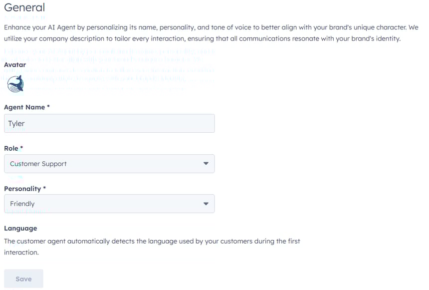 Creating a customer support AI agent in HubSpot, setting up personalized details like name, role, personality, and language