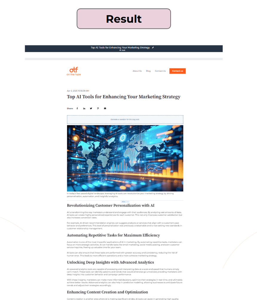 HubSpot blog post draft with AI-generated title and content preview about AI tools for enhancing marketing strategy