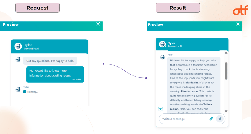 HubSpot AI preview with detailed response on cycling routes in Colombia, answering customer inquiries with a personalized message.