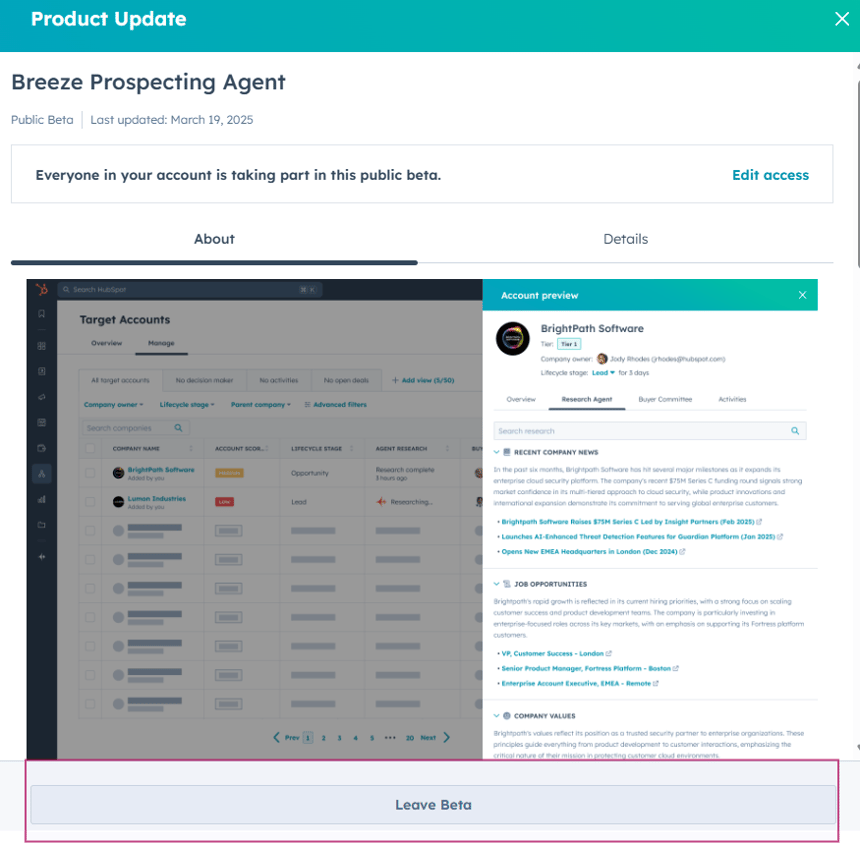 HubSpot Breeze Prospecting Agent beta with target account preview and option to leave beta